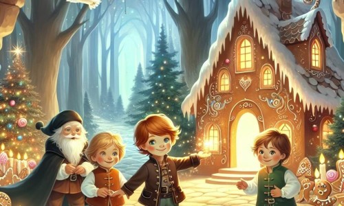 Une illustration destinée aux enfants représentant un petit garçon malin et courageux, se retrouvant avec ses frères devant une maison en pain d'épices enchantée, entourée de sucreries scintillantes, au cœur d'une forêt mystérieuse et pleine de magie.