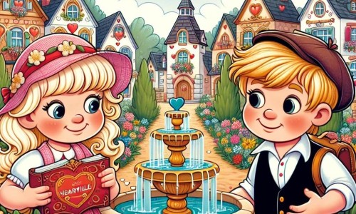 Une illustration destinée aux enfants représentant une charmante fillette vivant une aventure mystérieuse avec son meilleur ami, un garçon espiègle aux boucles blondes, dans la ville pittoresque de Coeurville, décorée de coeurs, de fleurs colorées et d'une fontaine du Coeur.