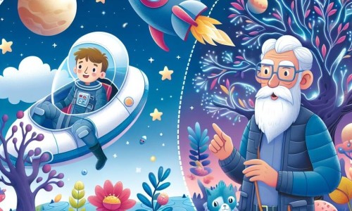 Une illustration destinée aux enfants représentant un homme solitaire dans un vaisseau spatial, accompagné d'un sage vieux homme, explorant une planète aux arbres lumineux, aux fleurs envoûtantes et aux animaux aux couleurs chatoyantes.
