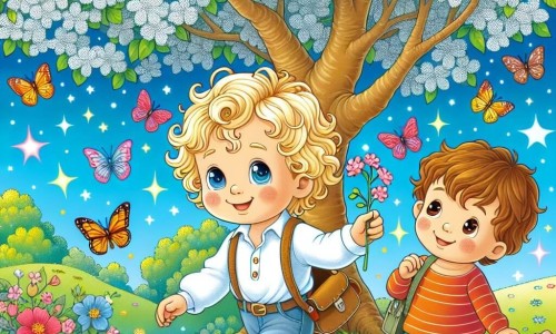 Une illustration destinée aux enfants représentant un garçon aux boucles blondes, explorant un jardin fleuri en compagnie d'un ami, sous un grand arbre aux feuilles chatoyantes et un ciel bleu clair parsemé de papillons multicolores.