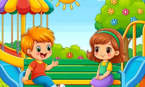 Une illustration destinée aux enfants représentant un jeune garçon plein d'énergie, faisant la rencontre d'une petite fille timide sur un banc, dans un parc ensoleillé rempli de toboggans colorés et de balançoires joyeuses.