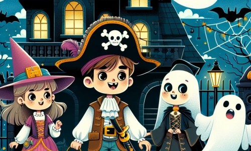 Une illustration destinée aux enfants représentant un garçon en costume de pirate, accompagné de ses amis une sorcière et un fantôme, explorant une maison hantée décorée de chauve-souris, de toiles d'araignée et de portraits mystérieux pour Halloween.