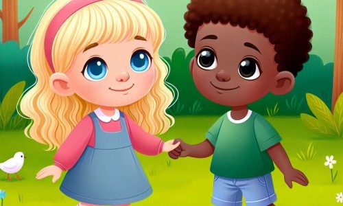 Une illustration destinée aux enfants représentant une petite fille aux cheveux blonds et aux yeux bleus jouant avec un garçon à la peau foncée et aux yeux noirs dans un parc verdoyant, symbole de la diversité et de l'amitié.