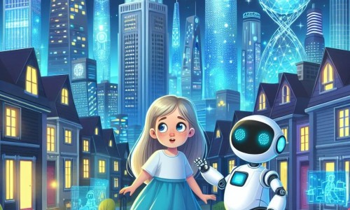 Une illustration destinée aux enfants représentant une fillette curieuse se retrouvant au cœur d'une ville futuriste étincelante, accompagnée d'un robot domestique, dans la cité d'Argentia aux gratte-ciels scintillants, aux rues lumineuses et aux hologrammes interactifs.