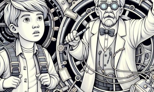 Une illustration destinée aux enfants représentant un garçon curieux se retrouvant projeté à travers le temps, accompagné d'un professeur excentrique, dans un laboratoire futuriste rempli de machines étranges et lumineuses.