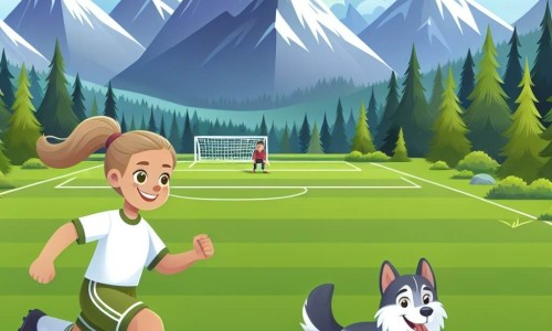 Une illustration destinée aux enfants représentant une joueuse de football passionnée, accompagnée de son fidèle chien, s'entraînant sur un terrain verdoyant entouré de montagnes majestueuses.
