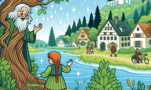 Une illustration destinée aux enfants représentant une petite fille passionnée par la nature, faisant face à un arbre sage qui parle, dans une petite ville entourée de bois verdoyants et d'une rivière scintillante.