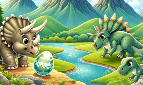 Une illustration destinée aux enfants représentant un tricératops curieux découvrant un œuf étrange avec ses amis, dont un bébé vélociraptor, dans la vallée des dinosaures, avec des montagnes majestueuses en arrière-plan et une rivière scintillante serpentant à travers la verdure luxuriante.