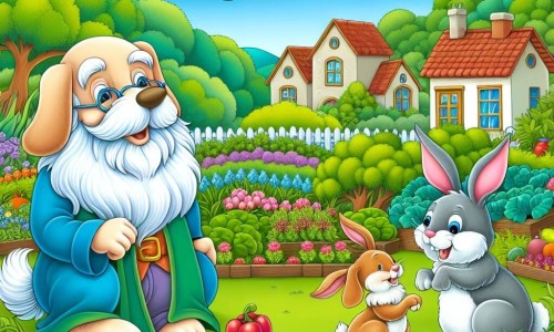 Une illustration destinée aux enfants représentant un chien farceur, un lapin âgé et sage, dans un village pittoresque entouré de buissons verdoyants et d'un potager coloré.