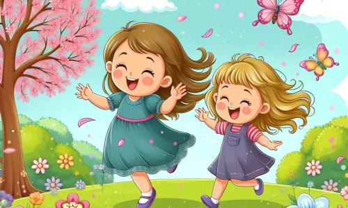 Une illustration destinée aux enfants représentant une petite fille joyeuse s'amusant dans un parc fleuri avec sa maman, entourées d'arbres bourgeonnants, de papillons virevoltant et de fleurs colorées.