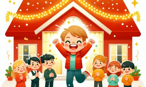 Une illustration destinée aux enfants représentant un garçon plein d'énergie lors de la grande soirée du réveillon, entouré de sa famille et de ses amis, dans une maison au toit rouge vif décorée de guirlandes scintillantes.