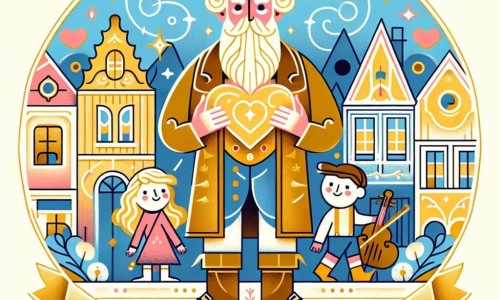 Une illustration destinée aux enfants représentant un homme au cœur d'or, cachant un talent musical magique, accompagné de deux enfants curieux, dans une petite ville aux maisons colorées comme des bonbons alignées le long des rues.