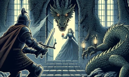 Une illustration destinée aux enfants représentant un chevalier courageux affrontant un dragon pour sauver une princesse captive, dans un château sombre et mystérieux aux murs couverts de lierre noir, où les gargouilles semblent le scruter avec méfiance.