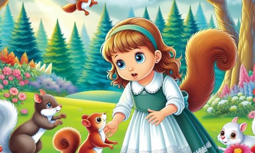 Une illustration destinée aux enfants représentant une fille curieuse découvrant un écureuil blessé, accompagnée de ses amis, dans un parc verdoyant entouré de belles fleurs colorées et d'arbres majestueux.