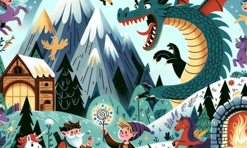 Une illustration destinée aux enfants représentant un dragon farceur et espiègle qui fait rire tout le monde, accompagné d'un jeune garçon curieux et plein d'imagination, dans un monde fantastique rempli de licornes dansantes, de lutins farceurs et de trolls pâtissiers, au milieu d'une forêt dense et mystérieuse avec une montagne enneigée qui abrite un dragon légendaire.