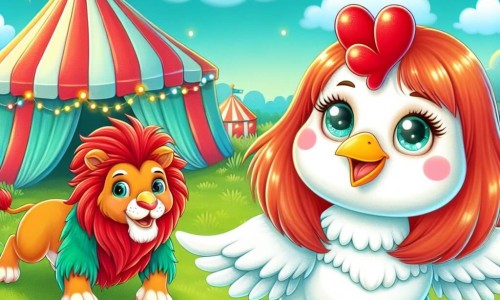 Une illustration destinée aux enfants représentant une jolie poule rouquine, une poule fille pleine de malice, découvrant un cirque coloré installé dans un champ verdoyant, en compagnie d'un lion majestueux, un lion garçon aux yeux pétillants.
