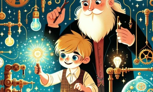 Une illustration destinée aux enfants représentant un jeune garçon passionné d'invention, accompagné d'un inventeur barbu et mystérieux, dans un atelier magique rempli d'outils étincelants et de machines extraordinaires.