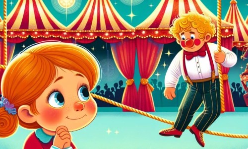 Une illustration destinée aux enfants représentant une petite fille espiègle observant un funambule maladroit répéter ses acrobaties dans un cirque coloré aux chapiteaux scintillants de Frimousse-sur-Merveille.