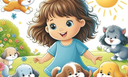 Une illustration destinée aux enfants représentant une petite fille rayonnante de bonheur, entourée de nouveaux amis aux cheveux bouclés et au pelage doux, partageant des rires et des jeux colorés dans un parc ensoleillé, où les fleurs dansent au gré du vent.