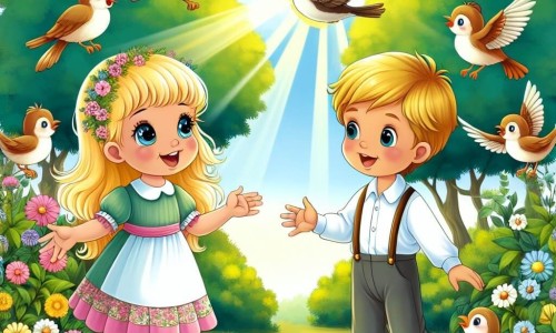 Une illustration destinée aux enfants représentant une petite fille aux cheveux blonds et aux yeux pétillants, faisant la connaissance d'un garçon de son âge, dans un parc verdoyant et ensoleillé où les oiseaux chantent joyeusement.