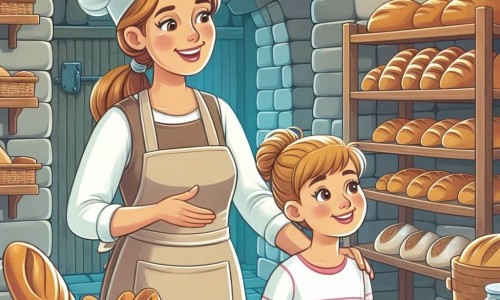 Une illustration destinée aux enfants représentant une boulangère passionnée, accompagnée de sa fille curieuse, travaillant dans une boulangerie chaleureuse aux murs de pierre et aux étagères remplies de pains frais.