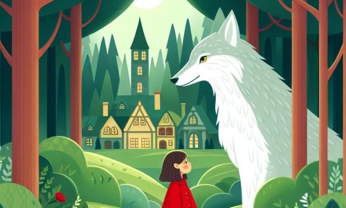 Une illustration destinée aux enfants représentant une jeune fille vêtue d'un manteau rouge vif, se tenant debout devant un imposant loup aux yeux bienveillants, dans un village enchanteur situé au cœur d'une forêt verdoyante.