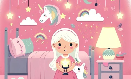 Une illustration destinée aux enfants représentant une petite fille, une lampe magique et des étoiles scintillantes dans une chambre aux murs roses ornés de motifs de licornes et de nuages, évoquant la peur du noir.