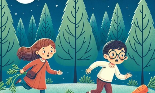Une illustration destinée aux enfants représentant une fillette perdue sans son ombre, accompagnée d'un garçon aux lunettes rondes, cherchant désespérément derrière une colline de carottes, dans une forêt enchantée aux arbres dansant sous un ciel étoilé.