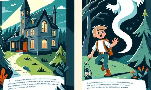 Une illustration destinée aux enfants représentant un jeune aventurier courageux, découvrant les mystères d'une maison hantée avec l'aide d'un fantôme bienveillant, dans un petit village français entouré de bois sombres et de champs verdoyants.