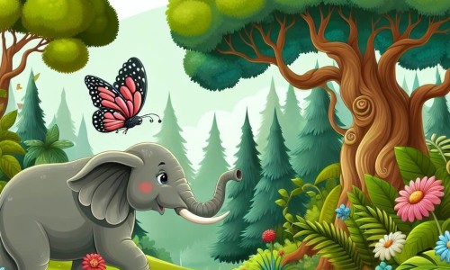 Une illustration destinée aux enfants représentant un éléphant majestueux, une petite papillon fille, se promenant dans une magnifique forêt verdoyante aux arbres anciens et aux fleurs chatoyantes.
