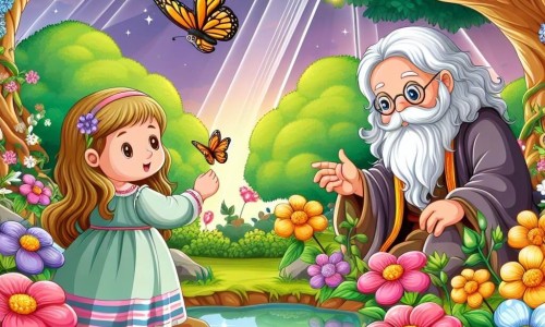 Une illustration destinée aux enfants représentant une petite fille curieuse, entourée de fleurs colorées et d'un papillon sage, dans un jardin enchanté aux arbres majestueux et aux étangs miroitants.