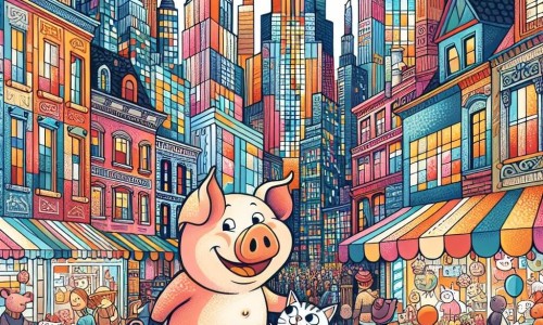 Une illustration destinée aux enfants représentant un cochon maladroit et joyeux, accompagné d'un chat curieux, dans une ville animée aux gratte-ciel immenses et aux rues pleines de vie.