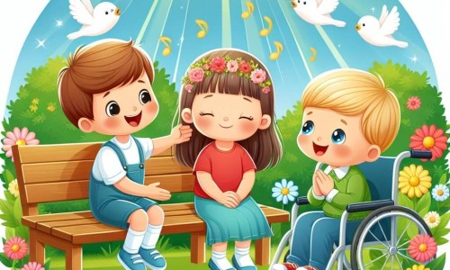 Une illustration destinée aux enfants représentant un petit garçon rayonnant de gentillesse, faisant la rencontre d'une petite fille triste sur un banc, accompagnés d'un garçon en fauteuil roulant, dans un parc verdoyant parsemé de fleurs colorées et d'oiseaux chantants.