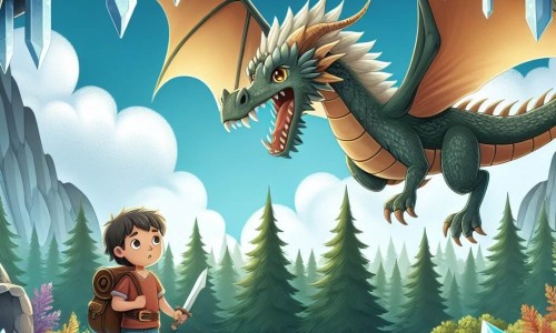 Une illustration destinée aux enfants représentant un dragon majestueux survolant une forêt enchantée, accompagné d'un jeune explorateur courageux, se déroulant dans une clairière cachée aux parois ornées de cristaux scintillants.