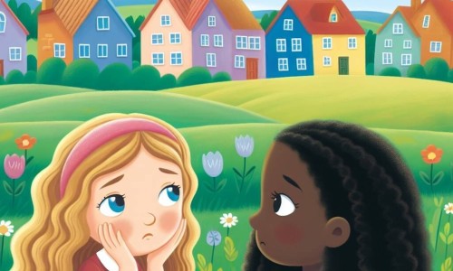 Une illustration destinée aux enfants représentant une fillette aux longs cheveux bouclés, confrontée à des remarques désobligeantes sur la couleur de peau d'une nouvelle amie aux cheveux noirs, dans un village paisible entouré de champs verdoyants et de maisons colorées.