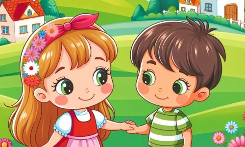 Une illustration destinée aux enfants représentant une petite fille pétillante et pleine de vie se liant d'amitié avec un garçon timide dans un village paisible entouré de champs verdoyants et de fleurs colorées.
