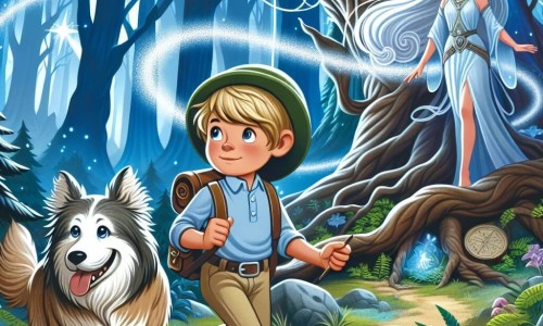 Une illustration destinée aux enfants représentant un jeune garçon courageux en quête de l'étoile mystérieuse, accompagné de son fidèle chien Boomer, explorant une forêt enchantée aux arbres gigantesques et aux rayons de lumière dansants, où réside une dame elfique aux cheveux d'argent.