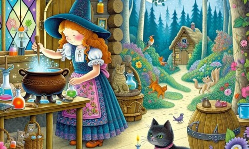 Une illustration destinée aux enfants représentant une sorcière farfelue en train de concocter une potion magique avec l'aide de son chat magique dans une cabane en bois au cœur d'une forêt enchantée remplie de fleurs lumineuses et d'animaux joyeux.