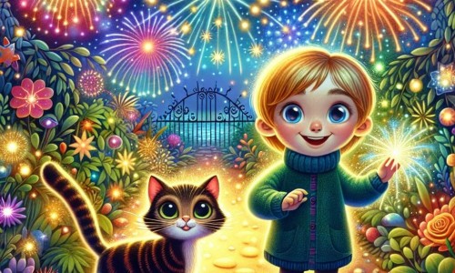 Une illustration destinée aux enfants représentant un garçon, une soirée de réveillon du nouvel an pleine de magie et de surprises, un chat malicieux et espiègle, dans un jardin scintillant de lumières colorées et de feux d'artifice éclatants.