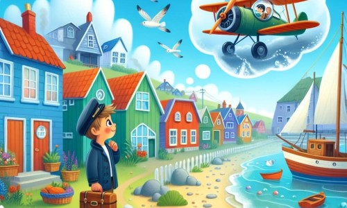Une illustration destinée aux enfants représentant un jeune garçon rêvant de devenir pilote d'avion, rencontrant un mystérieux capitaine d'aviation, dans un petit village au bord de la mer avec des maisons colorées, des bateaux de pêche et des mouettes volant dans le ciel.