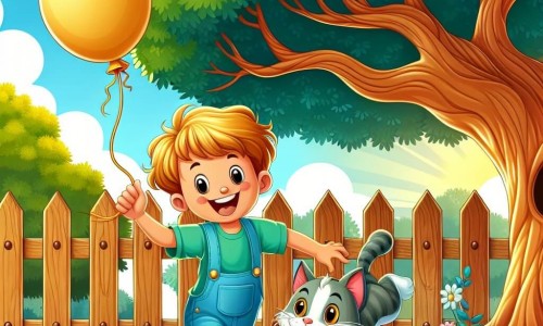 Une illustration destinée aux enfants représentant un garçon plein d'énergie, un chat malicieux, un jardin ensoleillé avec une clôture en bois et un arbre majestueux où un ballon géant est coincé.