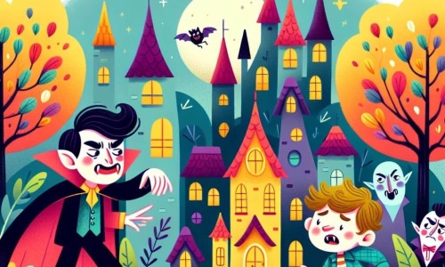 Une illustration destinée aux enfants représentant une vampire maladroite découvrant un village de vampires farfelus, accompagnée d'un garçon curieux, au cœur d'un village aux maisons en forme de château colorées et aux arbres aux feuilles lumineuses, dans un royaume fantastique enchanté.