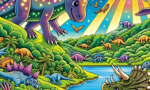Une illustration destinée aux enfants représentant un stégosaure brillant sous le soleil, venant en aide à des tricératops pris au piège, dans une vallée luxuriante peuplée de dinosaures variés et majestueux.