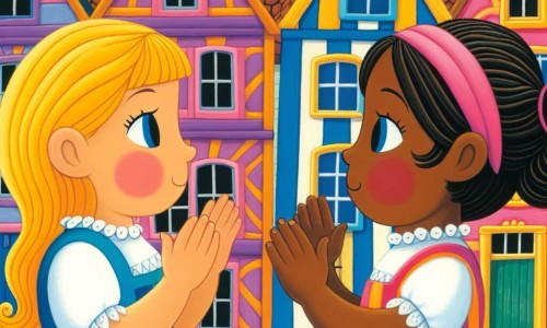Une illustration destinée aux enfants représentant une fillette aux cheveux blonds et une autre aux cheveux noirs, confrontées aux préjugés dans un village aux maisons colorées et aux ruelles pavées.