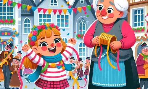 Une illustration destinée aux enfants représentant une fillette impatiente et joyeuse, se préparant pour le grand carnaval annuel avec l'aide de sa grand-mère dans un village coloré et animé, plein de guirlandes multicolores et de musiques enjouées.