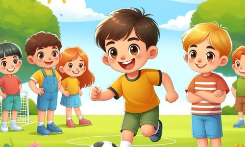 Une illustration destinée aux enfants représentant un petit garçon plein d'énergie et de curiosité, qui ose rejoindre un groupe d'enfants pour jouer au football, avec un personnage secondaire chaleureux et accueillant, dans un parc ensoleillé entouré d'arbres verdoyants et de fleurs colorées.