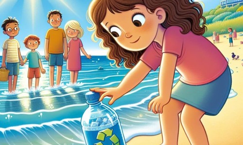 Une illustration destinée aux enfants représentant une jeune fille aux cheveux bruns bouclés découvrant un message écologique sur une bouteille en plastique brillante, accompagnée de ses amis et de sa famille, sur une plage de sable fin bordée par l'océan scintillant sous les rayons du soleil.