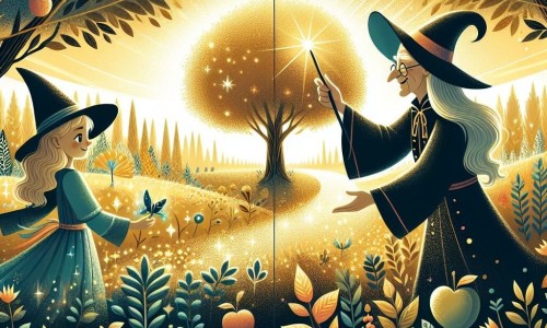 Une illustration destinée aux enfants représentant une apprentie sorcière, une sorcière vieille et sage, et un jardin enchanté aux arbres fruitiers scintillants, se déroulant dans un royaume magique où la lumière dorée du soleil baigne les lieux.
