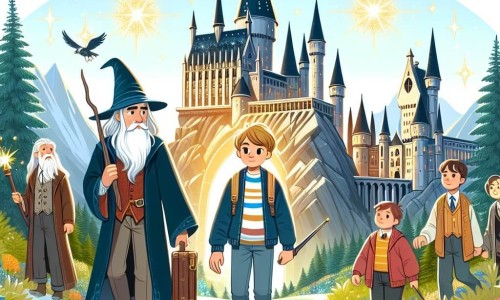 Une illustration destinée aux enfants représentant un jeune apprenti sorcier, accompagné de ses fidèles amis sorciers, découvrant un château majestueux entouré de tours scintillantes et de jardins enchantés.