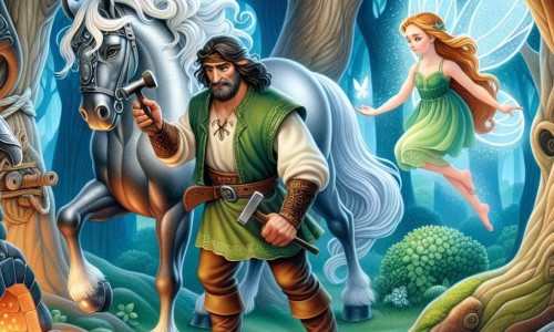 Une illustration destinée aux enfants représentant un forgeron courageux, un cheval majestueux et une fée lumineuse évoluant dans une forêt enchantée aux arbres murmuraient des secrets anciens.